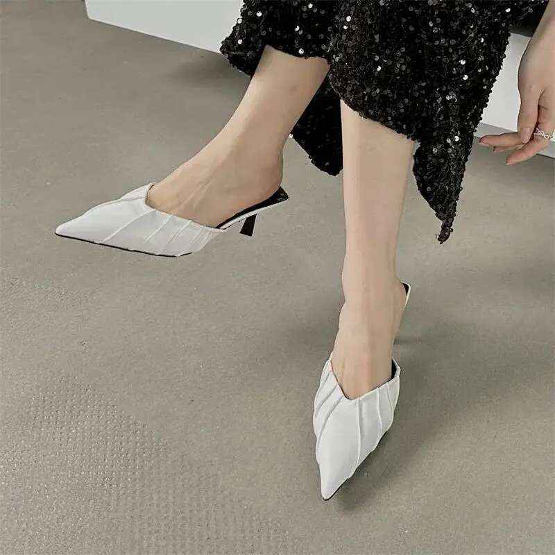 Spring Elegant Pleated Women Slipper Sexy Pointed Toe Thin Low Heels Sgback Mules Shoes