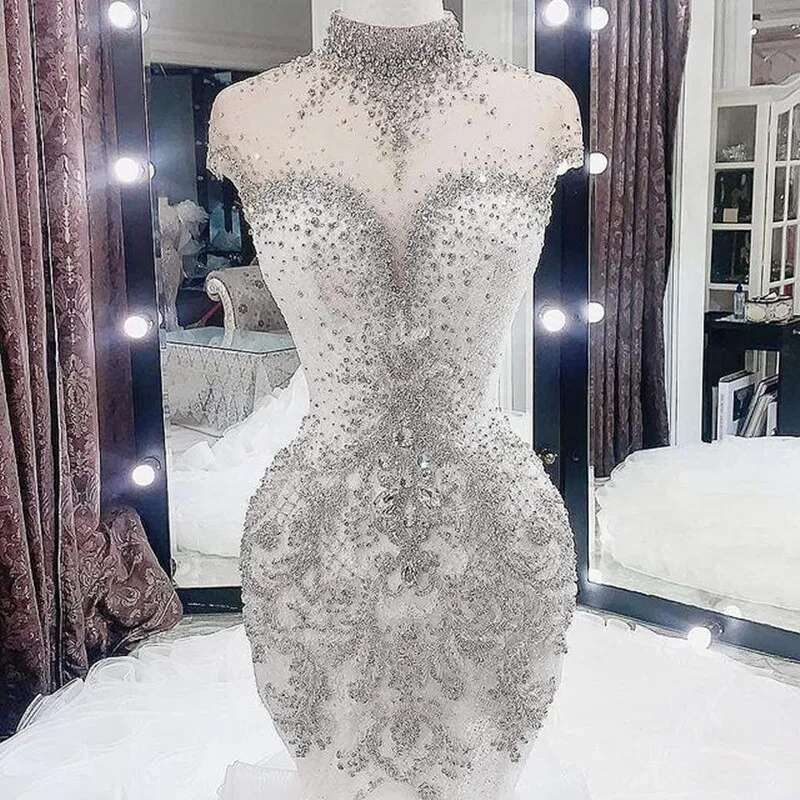 Customized High Neck Arabic Aso Ebi urious Beaded Crystals Wedding Dress Organza Multi-Layered Ruffles Bridal Gowns