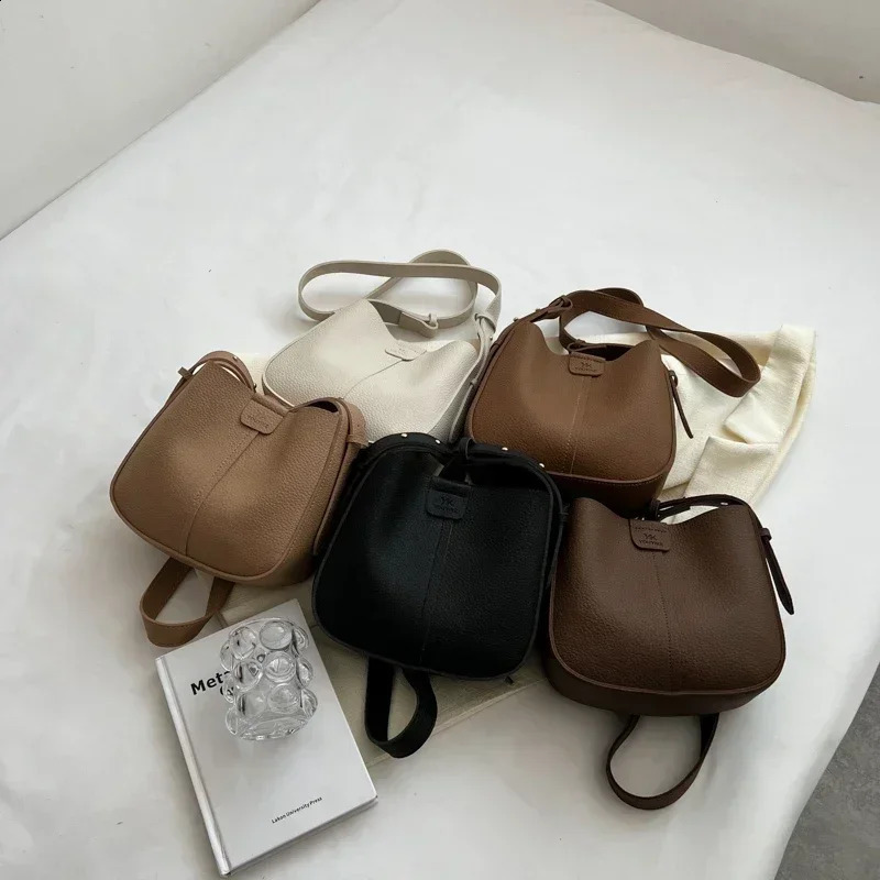 High end fashion womens cross body bag niche PU womens shoulder bag solid color bucket bag 250214