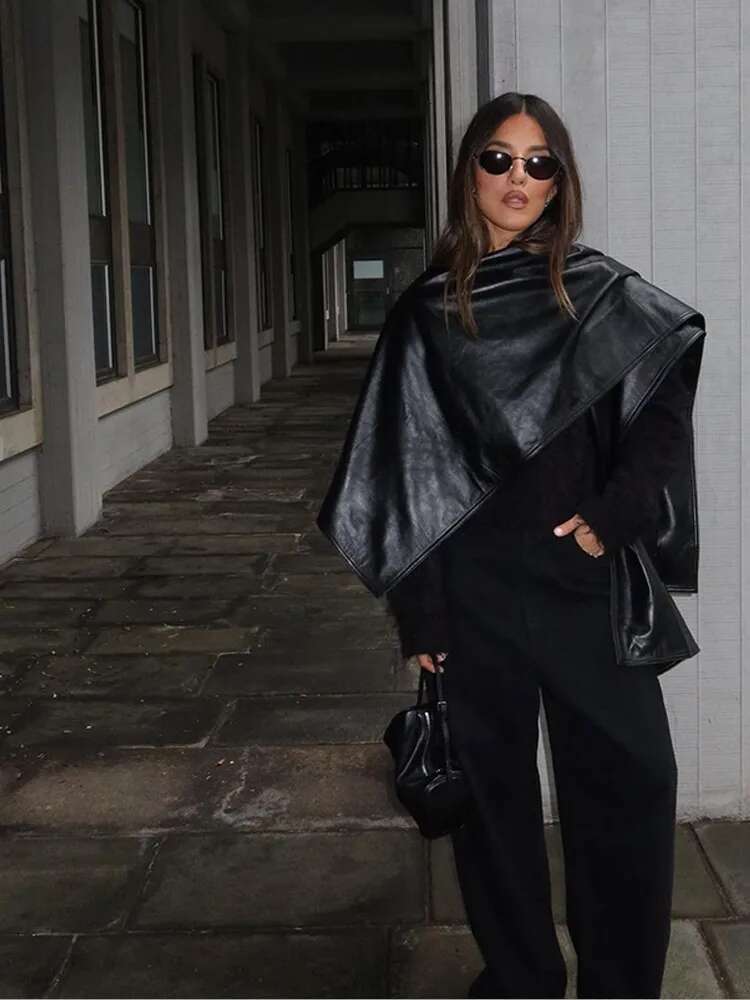 Fashion Women Poncho Black Leather Shawl Cape Jacket Casual Patchwork Short Shawls 2025 Spring Lady High Street Cloak