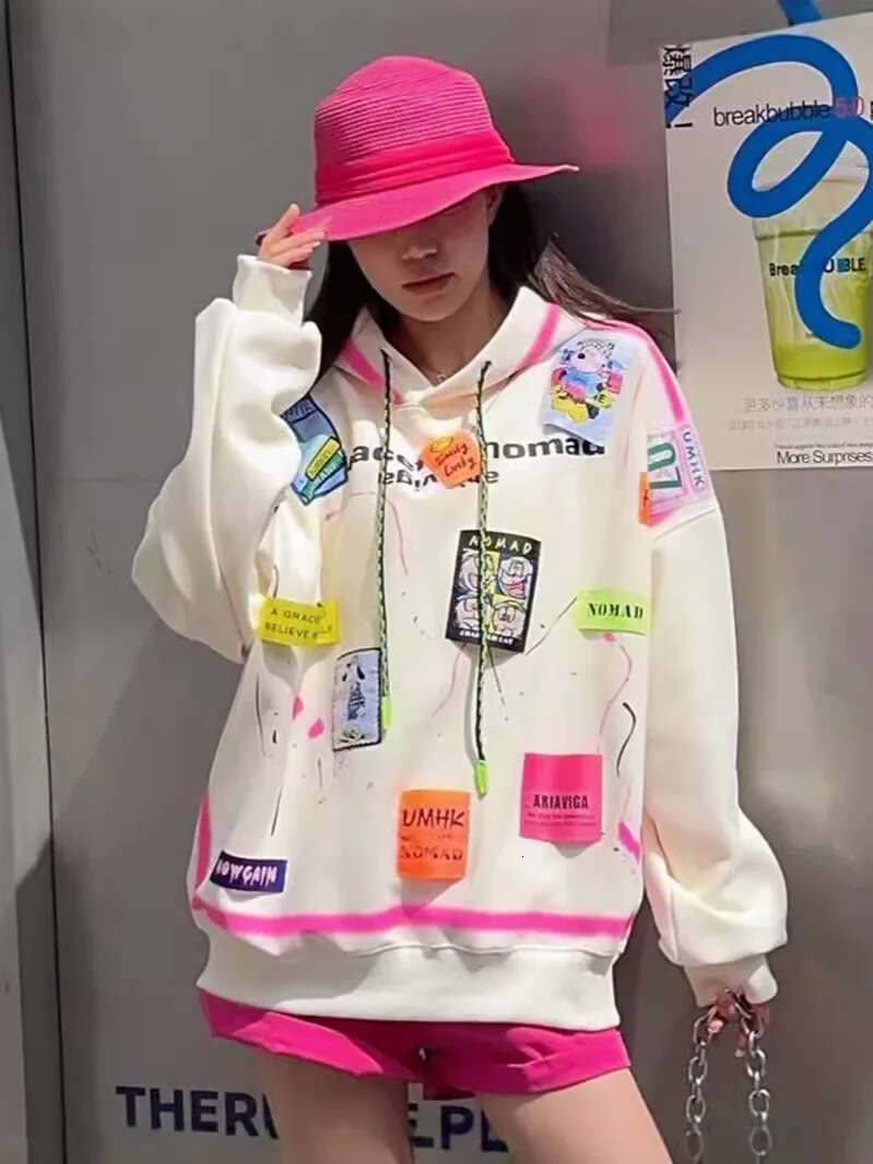 Heavy Embroidery Label Hooded Sweatshirt For Women, Niche Design, Graffiti-Style Loose Casual Tops And Coats