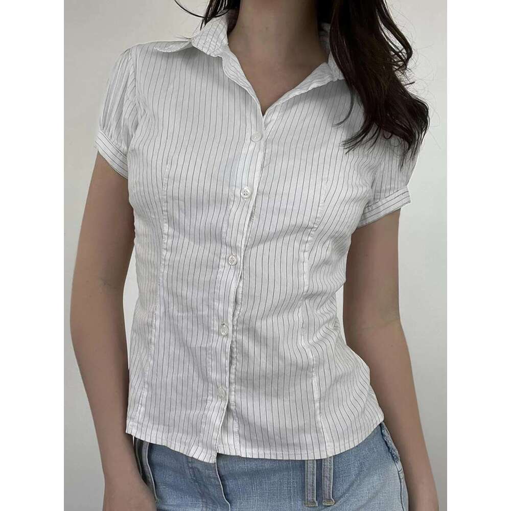 Sweetown White Stripe Puff Short Sleeve Button Shirts For Women Basic Simple Casual Seumme Preppy Tops Y2k Korean Clothes