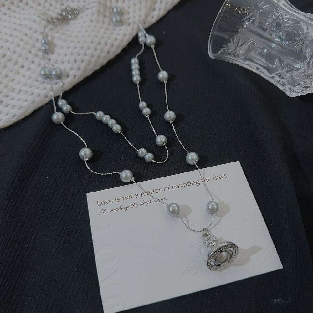 Star stacked pearl for women, light , niche design, high-end feeg, starry sky, double layered collarbone chain, neck chain necklace accessory