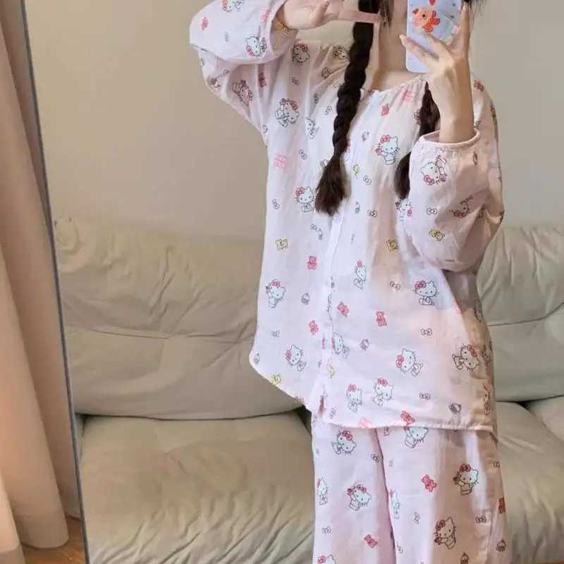 Hello Kittys Womens Pajamas Sanrioed Anime Printed Sleepwear Pants Set Spring Autumn Kawaii Cartoon Soft Casual Girl Loungewear Z250219