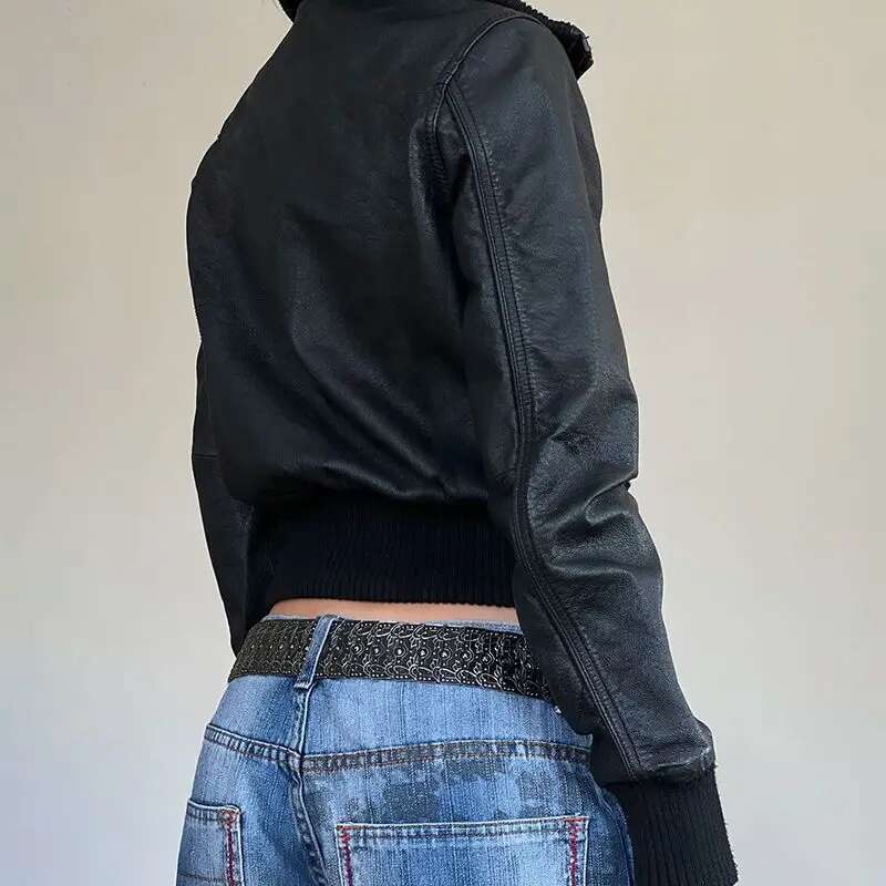 American Style Vintage Workwear Zipper PU Leather Stand Collar Waist-Fitted Screw Thread Sewn Slimming Jacket
