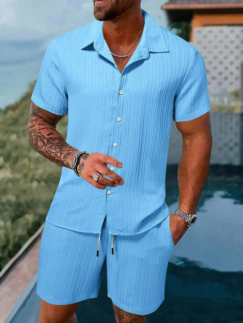 Spring And Summer Sports Mens Polo Casual Solid Color Loose Short-sleeved Drawstring Shorts Cardigan Striped Sports Suit 250219