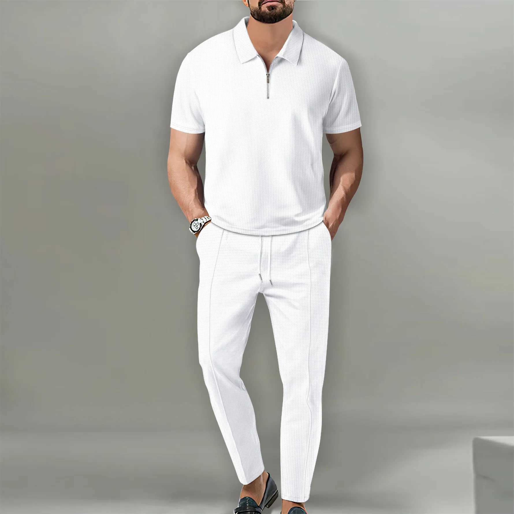 2025 New Mens POLO Shirt 2 Sets Casual Fashion Commercial Breathable Lapel Pants pull rope Solid Color Men 2 setsXJ250218