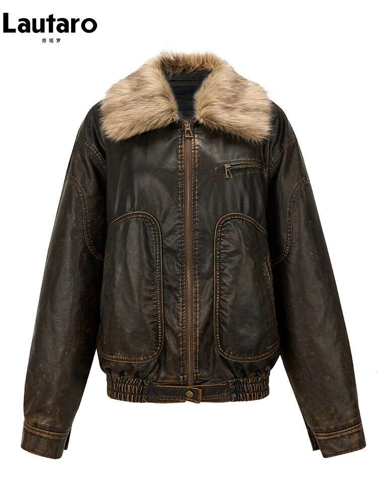 Lautaro Spring Autumn Cool Handsome Vintage Distressed Brown Pu Leather Jacket Women Faux Fur Collar Designer Clothing