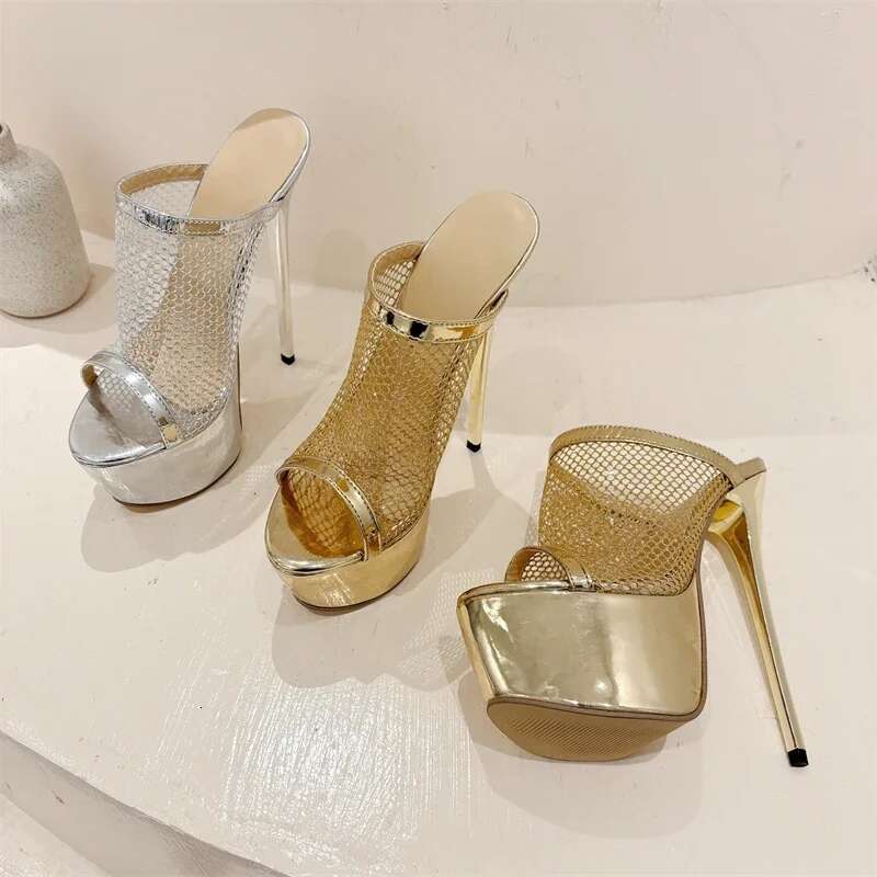 2025 New Design Mesh Fabric Sexy Women Slippers Platform Peep Toe Nightclub Stiletto High Heels Gold Sier Female Shoes