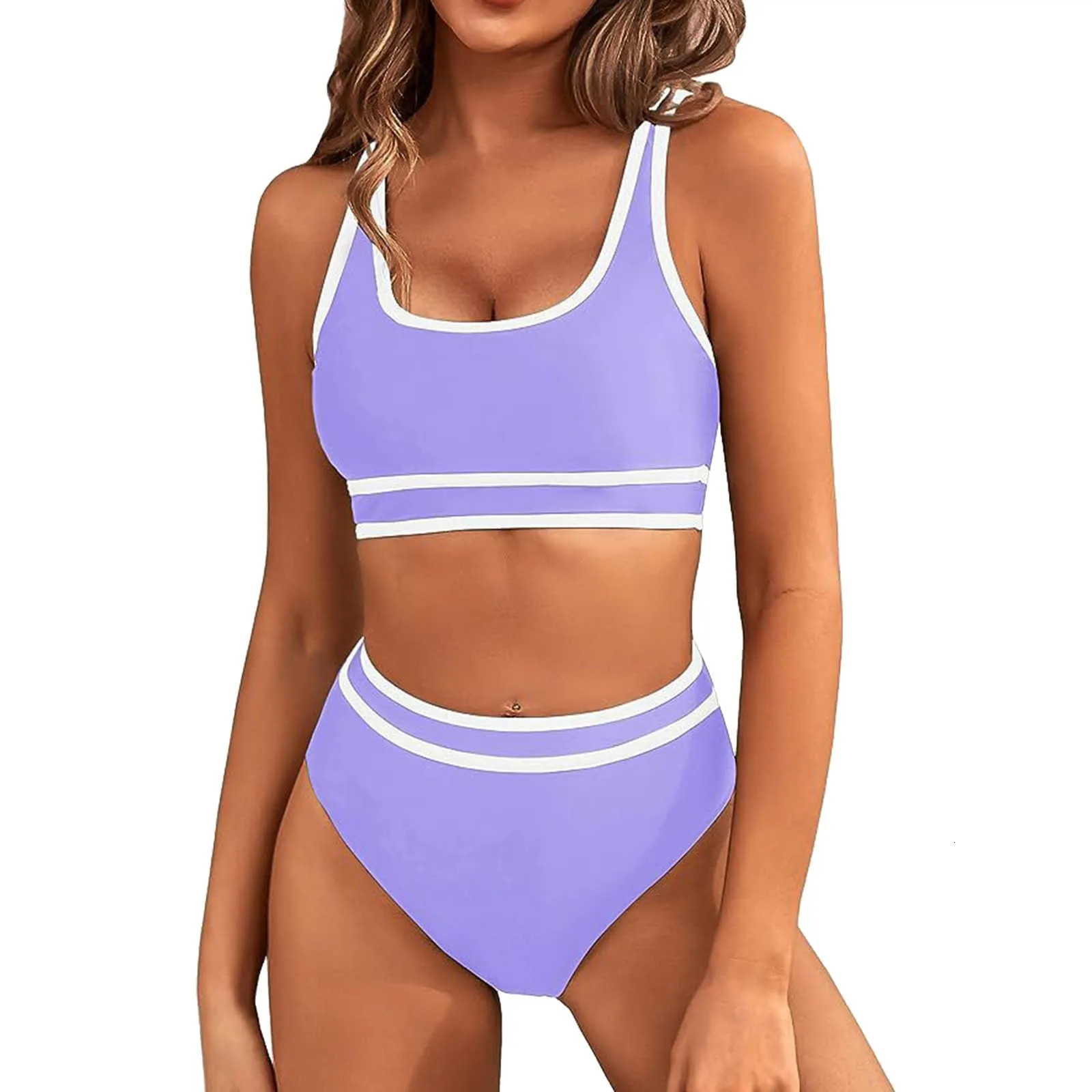 Womens High Waisted Bikini Sets Two Piece Sporty Swimsuit Solid Color White Edge n Tops For Women Bathing Suit 250219
