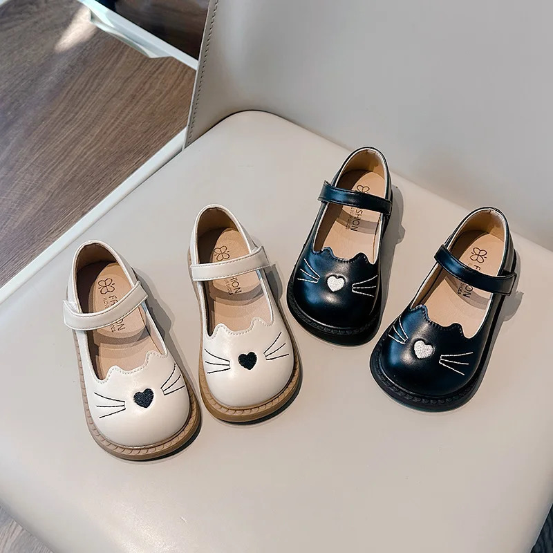 Toddler Girls Leather Shoes Cat Cartoon Lovely Black Beige Kids Flat Shoe Pu Leather Chic Hook-loop Soft Children Mary Janes 250219