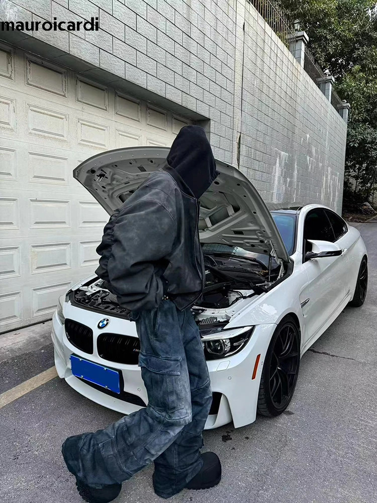 Mauroicardi Spring Extra Large Retro Black Artificial Suede Leather Jacket Mens Zipper 2-piece er Clothing Hoodie 250214