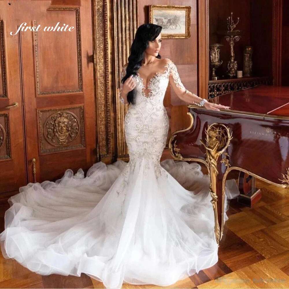 White Lace Mermaid Wedding Dress Long Sleeve Sweetheart Bridal Gowns Africa Women Customized Appliques Vestido de Novia