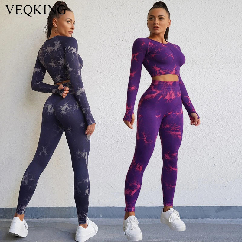 VEQKING Tie-Dye Yoga Clothes Women Long Sleeve Crop Top High Waist Yoga Pants Sports Outfits Quick Dry Fitness Gym Clothing 250219