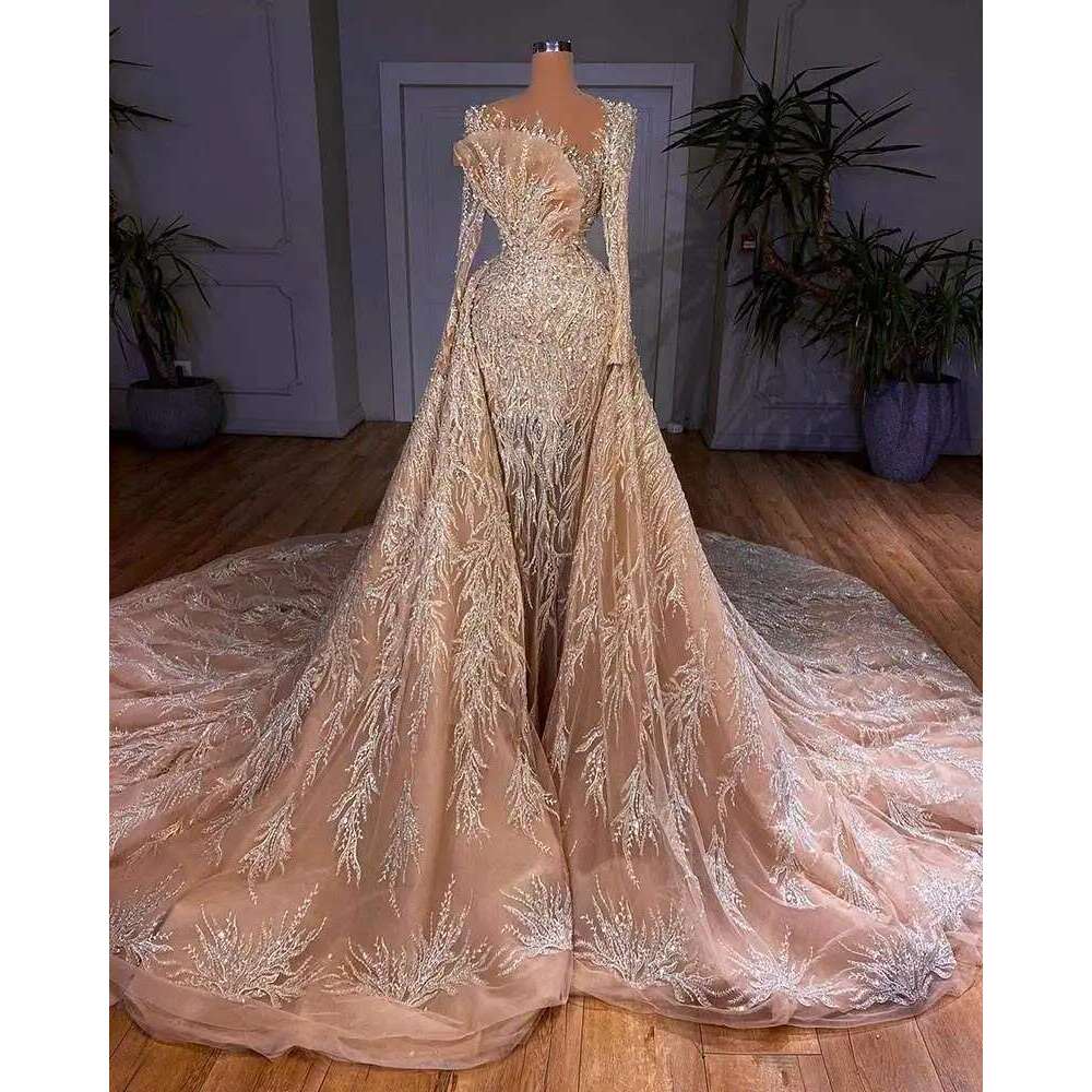 Gorgeous Evening Dresses Mermaid Crystal Sequins Detachable train Long Sleeve Prom Gown Party Dress Vestido De Noite Customized