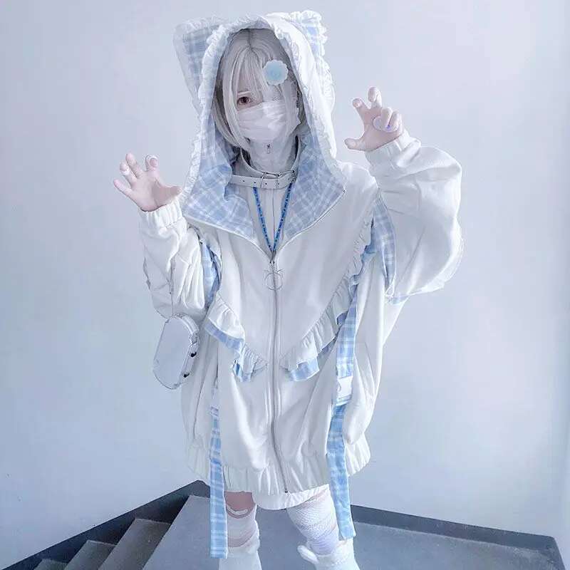 Japanese Haruku Thicked Sweet Cat Ear Y2k Zipper Sweatshirt Women Gothic Aesthetics Cute Autumn Winter Jacket
