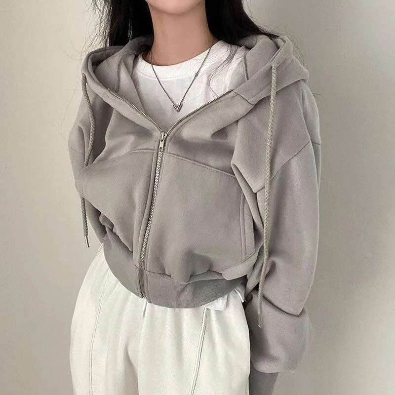 2025 Autumn And Winter New Instagramsadd Veet Fashion Slim Zipper Warm Solid Color Woman Simple Short Hoodie