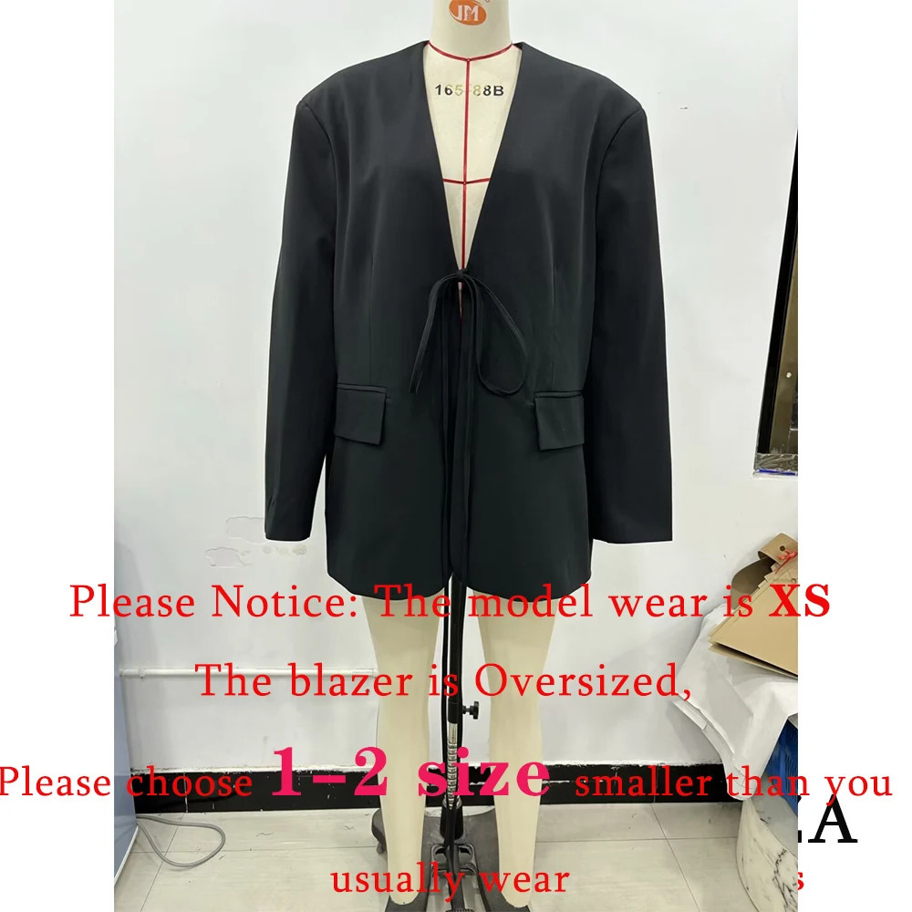 TRAFZA Casual Oversized Black Blazer Women V Neck Bow Tie Pockets Loose Jackets Fashion Streetwear Outwears 250213