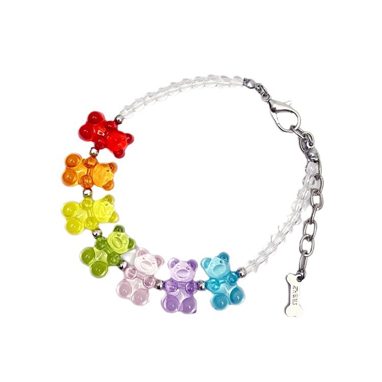 Fashion Bead Dog Necklace with Rainbow Bear with Seven Colors, Exquisite Cat Dog Neck Decoration Necklace for Small Medium Dogs, Adjustable Pet Neckla