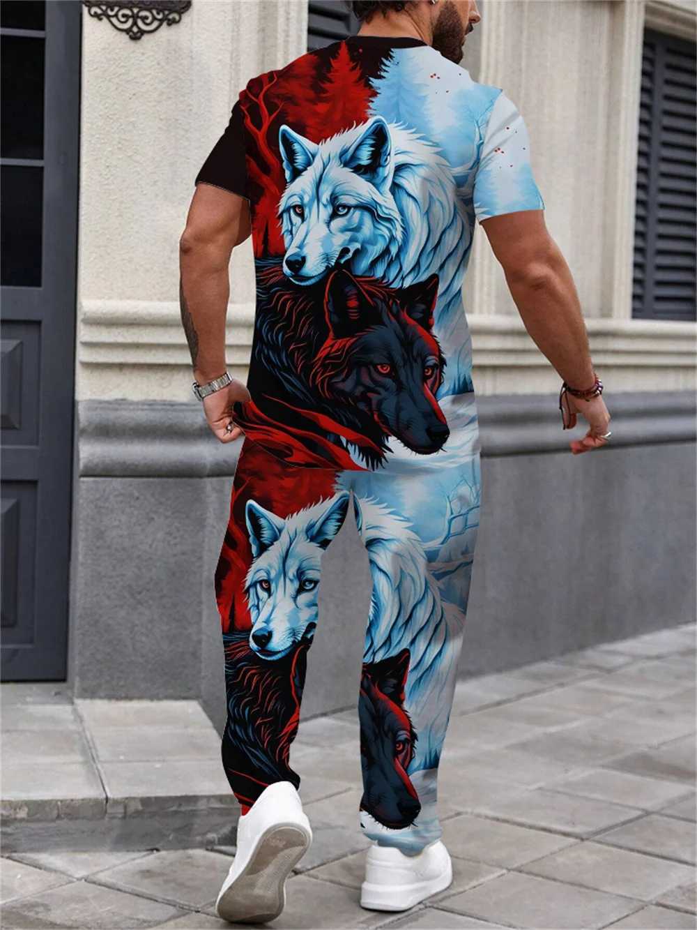 Mens personality clothing black and white Wolf head pattern two-piece set casual crew neck short-sleeved T-shirt and trousersXJ250218
