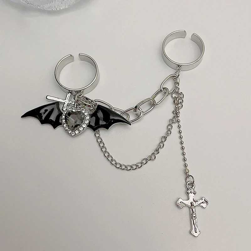 Y2K Little Devil Heart Wing Ring for Women Men Gothic Dark Cross Chain Pendant Love Crystal Opening Two Fingers Fashion JewelryXJ250219