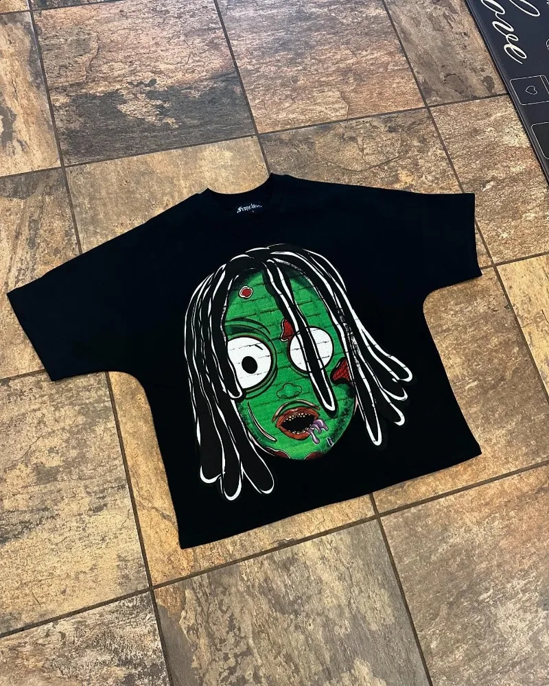 Hip hop punk dark oversized cartoon print short sleeve men Gothic Harajuku trend shirt Retro loose casual oversized T-shirt 250214