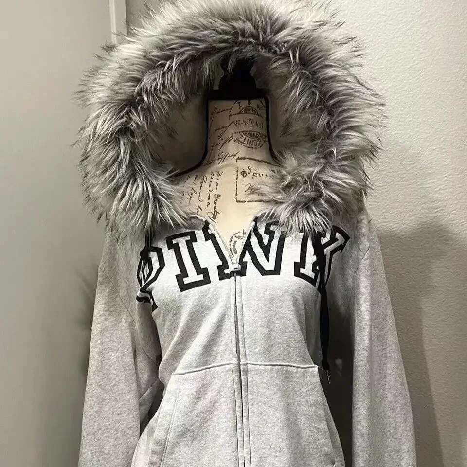 Annual New Y2K Letter Printed Plush Collar Hooded Zipper Jacket Women's Casual Thickened Solid Color Street Fashion Cardigan Top
