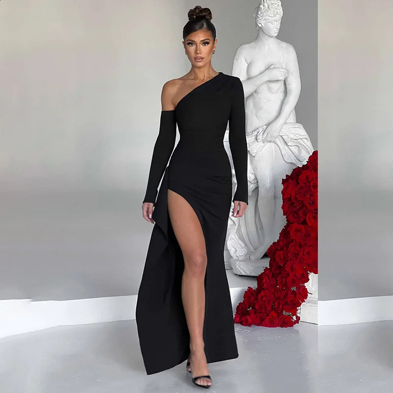 Slant Shoulder Long Sleeved Dress off Shoulder High Slit Sexy Evening Dress Elegant Fashionable Banquet Party Slim for Slimming 250218
