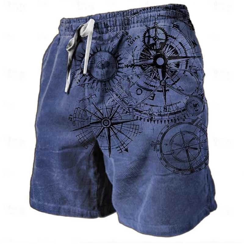 Men's Shorts Vintage Compass Pattern Beach Short For Men Fashion Trend Summer 3D Printed Swim Trunks Loose Drawstring Streetwear Short Pants z250