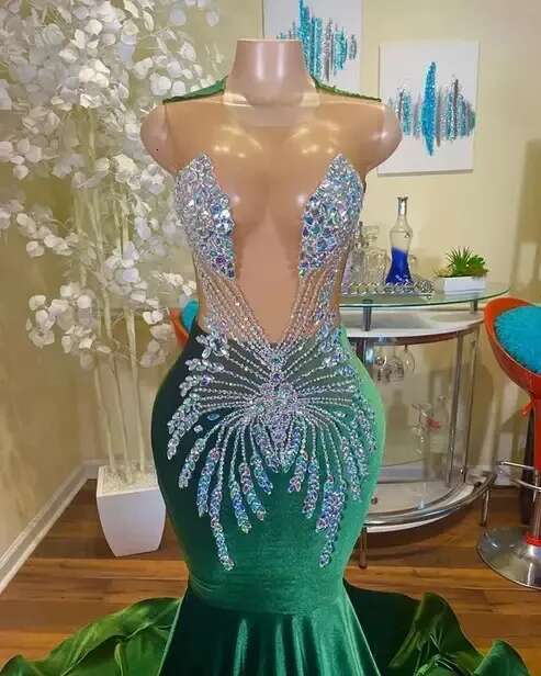 Green Rhie Long Prom Dress Black Girls Beaded Crystal Formal Evening Gown Birthday Party Gala Dresses Customized