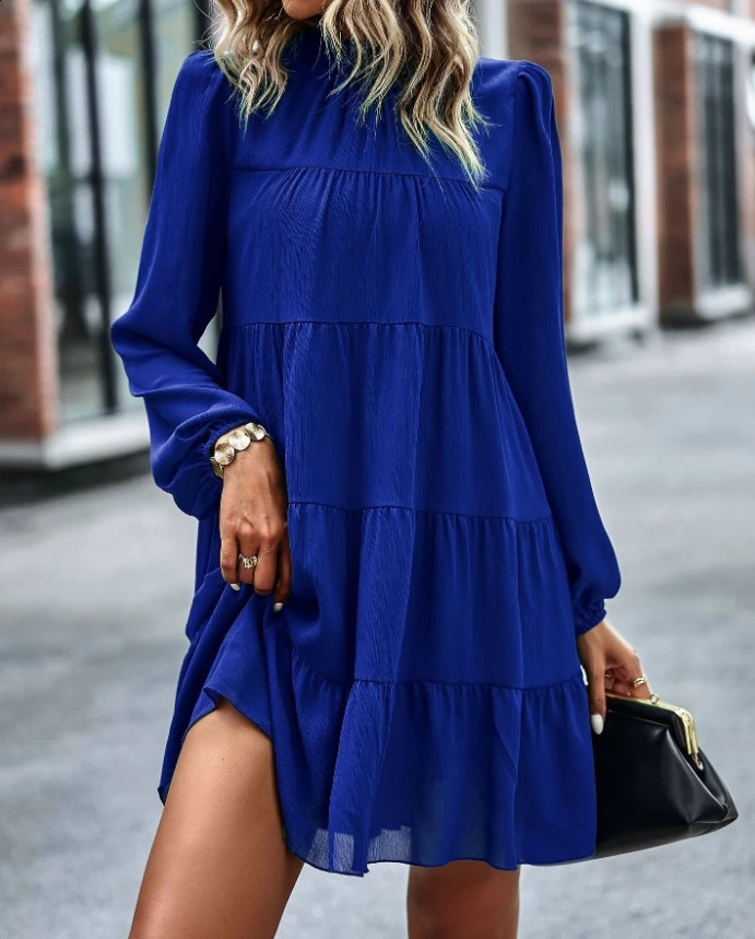 Womens Round Neck Lantern Sleeve Loose Casual A-Line Dress Temperament Commuting Summer Fashion High Waist Women Dresses 250218