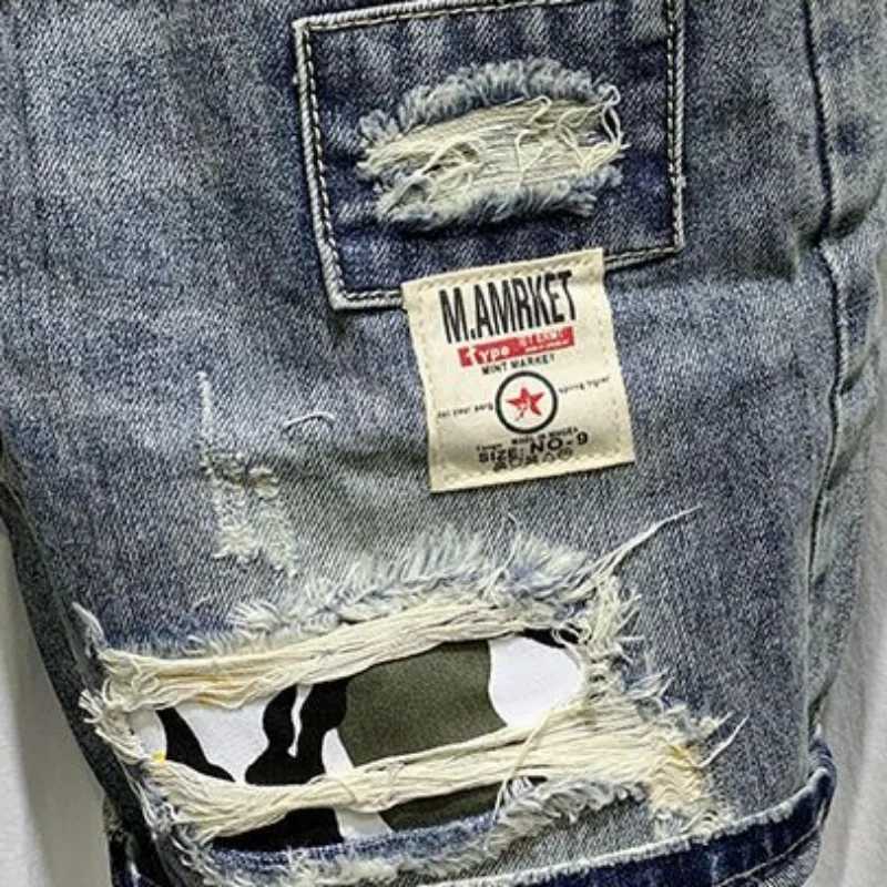 Men's Shorts Mens Denim Shorts Graphic with Text Half Long Mens Short Jeans Pants Multi Color Ripped Knee Length Retro Vintage Baggy Y2k Cut z250