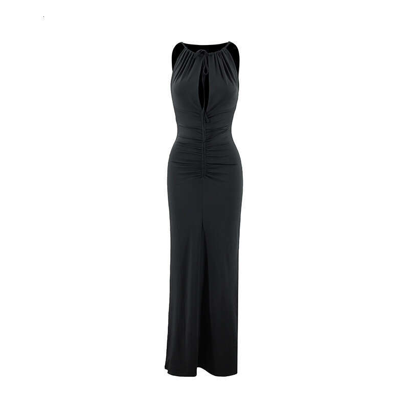 European and American summer women's sexy hollow out pleated slim fit long private dress hair replacement 2025 new style temperament chic elegant