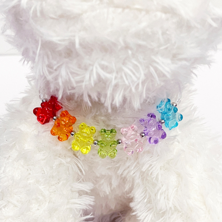 Fashion Bead Dog Necklace with Rainbow Bear with Seven Colors, Exquisite Cat Dog Neck Decoration Necklace for Small Medium Dogs, Adjustable Pet Neckla