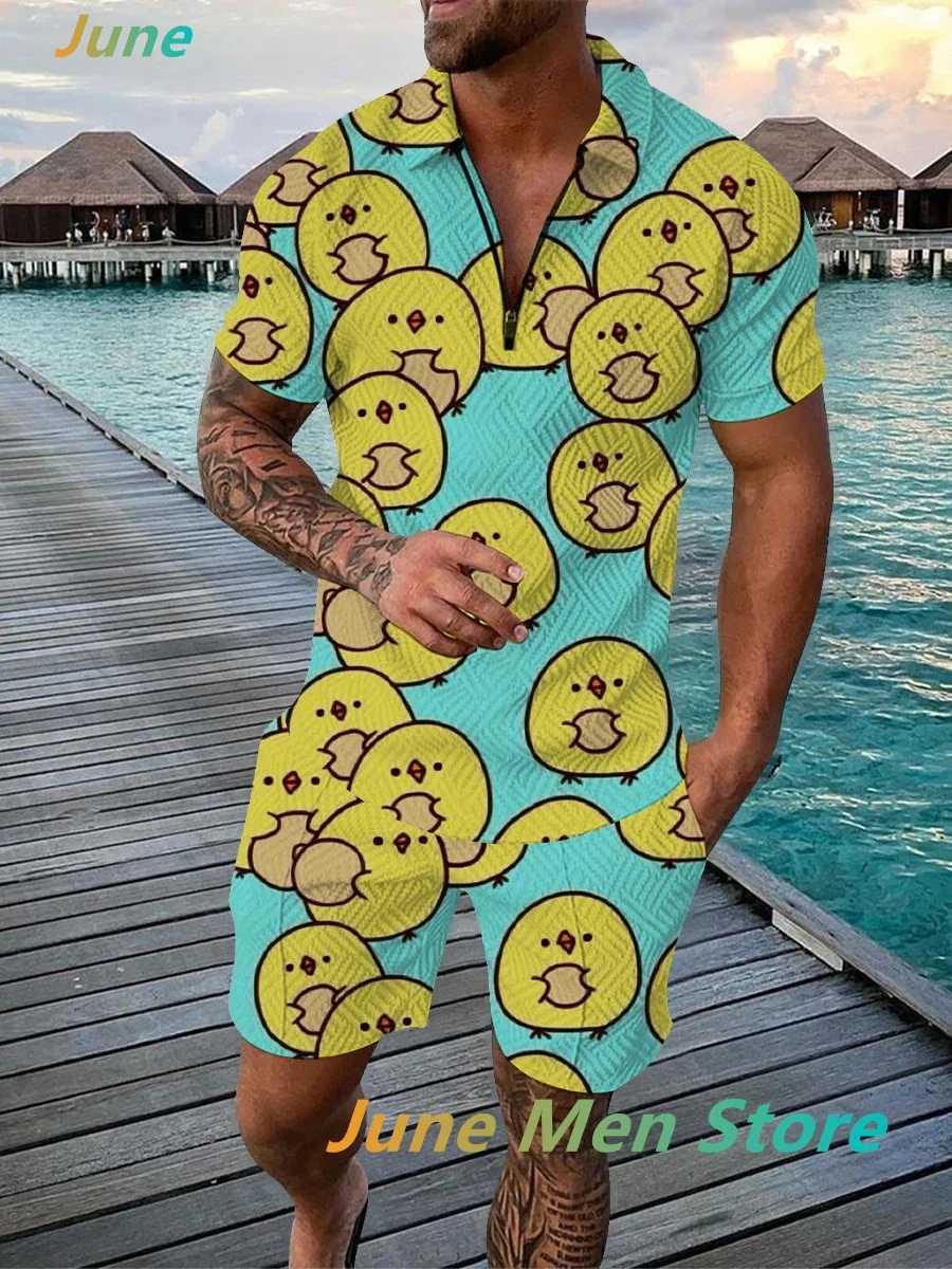Mens Summer Tracksuit Funny Cartoon Ducks Polo Shirt+Shorts Set Casual Turn Down Collar Zipper Clothing Outfit Stylish SuitXJ250218