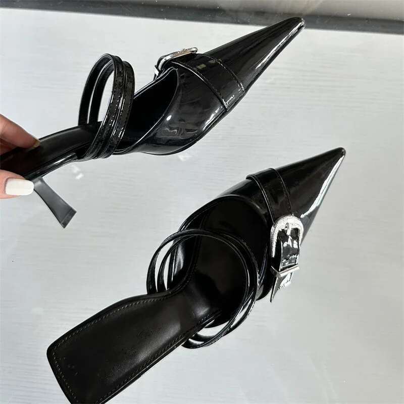 Spring Fashion Buckle Strap Woman Slippers Design Style Thin Heels Ladies Pointed Toe Shallow Shoes Slides Mules Sandals