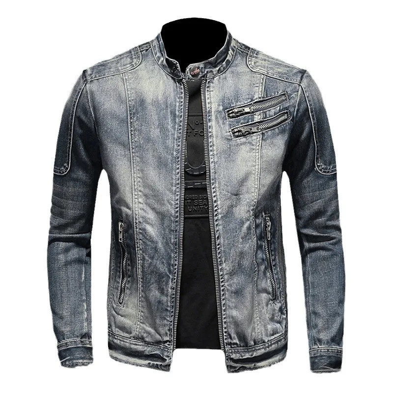 Vintage Plussize Denim Jackets Men Casual Stand Collar Moto Biker Outerwear Coats Mens Fashion Zippers Motorcycle Streetwear 250214