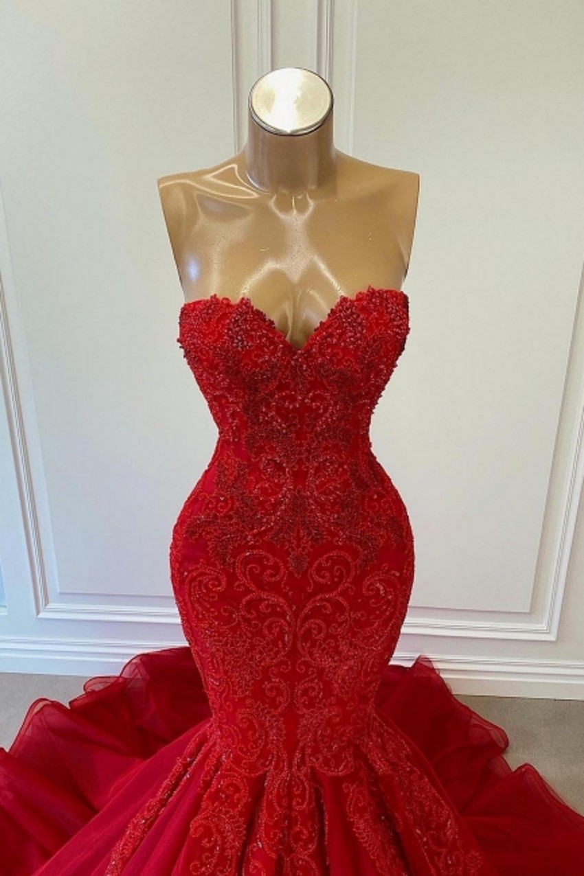 Stunning Red Mermaid Prom Dresses Sexy Sweetheart Backless Appliques Beads Long Evening Party Gowns Vestidos de bal BC14408