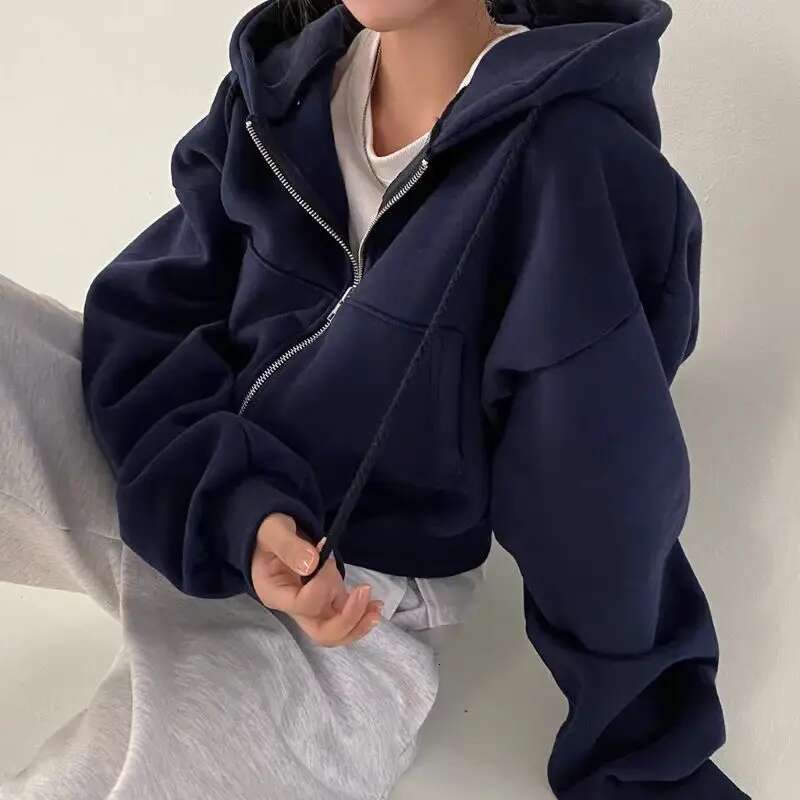 2025 Autumn And Winter New Instagramsadd Veet Fashion Slim Zipper Warm Solid Color Woman Simple Short Hoodie