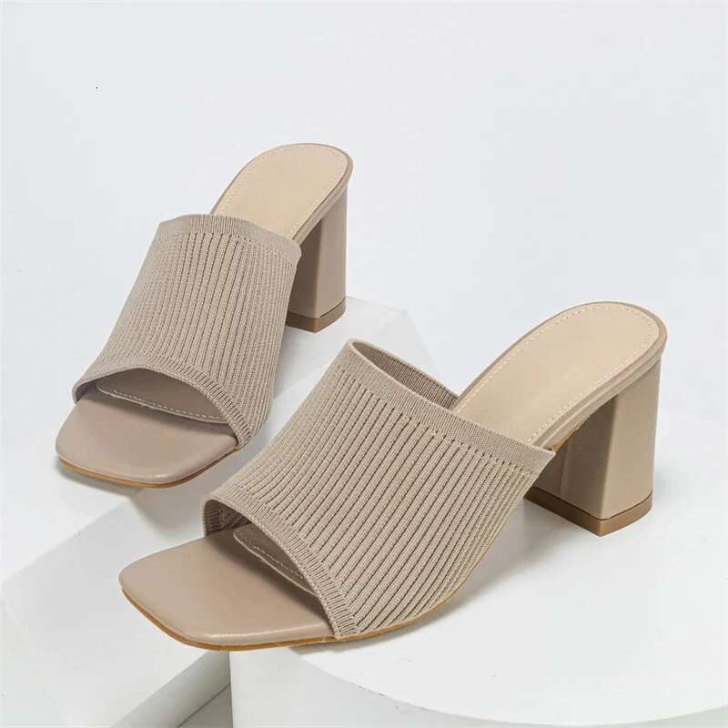 Design Cozy Elastic Fabric Women Slippers High Quality Summer Shoes Concise Square Chunky Heels atos De Mujer