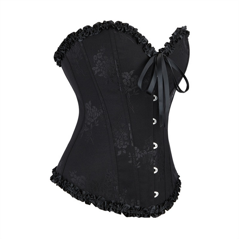 2025 New Chic Women's Jacquard Overbust Corset in Floral Brocade Fabric with Ruffle Trim and Ribbon Details Black White Red Dark Blue