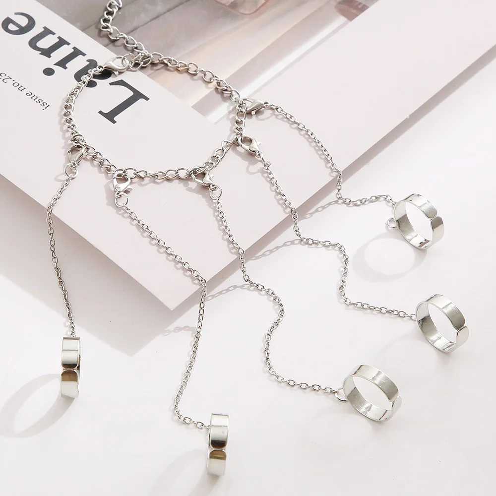 LATS Punk Silver Color Chain Wrist Bracelet Rings for Women Men Charm Set Couple Emo Detachable Ring 2022 Fashion Jewelry GiftXJ250219