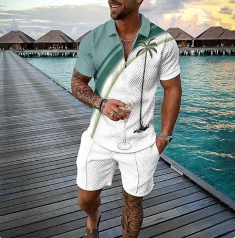 Summer New Mens 3D Printing Short Sleeve Zipper Polo Shirt Shorts Set Men Casual 2-piece Vacation Beach SetXJ250218