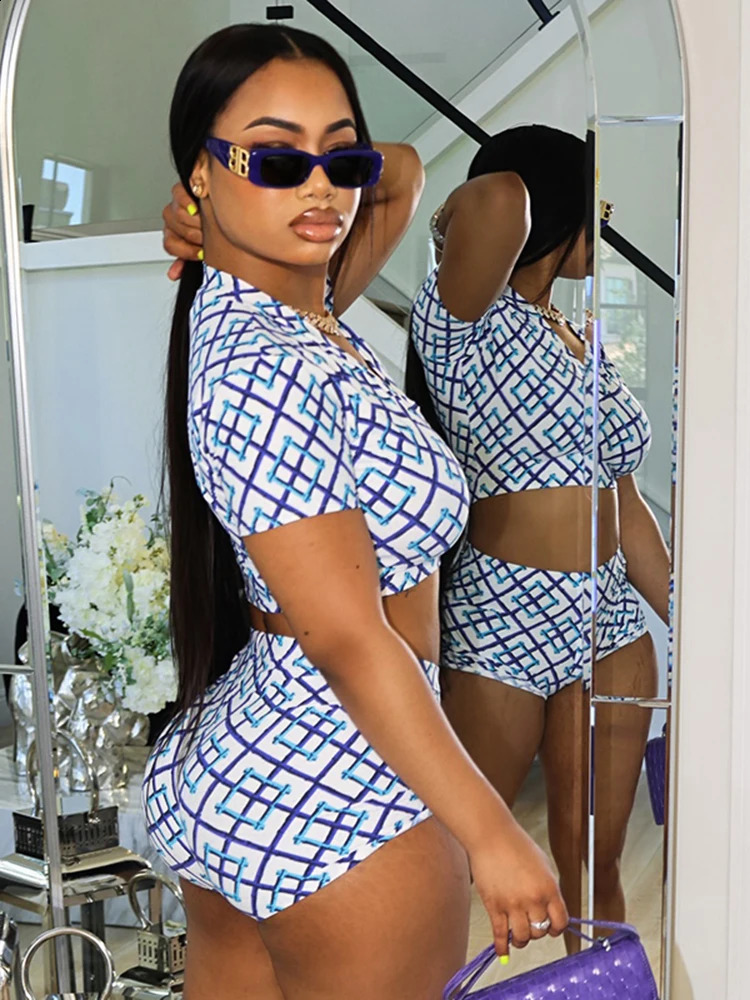 kliou Casual Matching Womens 2 Piece Set Hipster Plaid Print Short Sleeve V-neck TeesSlim Shorts Female Classic Street Outfits 250218