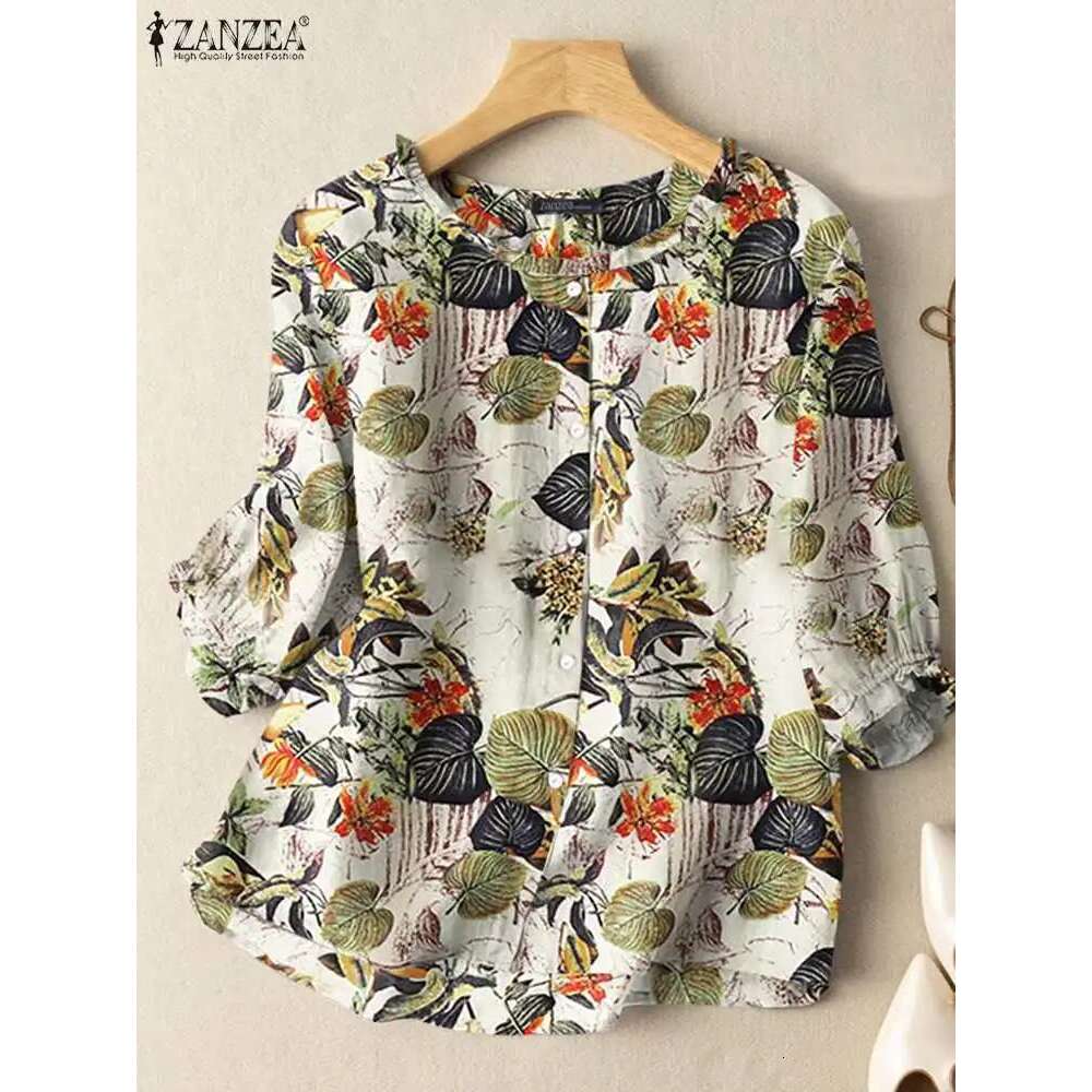 ZANZEA Fashion Sunnmer Top For Women Vintage Ral Printed Blouse Holiday Shirt 3/4 Sleeve Tunic Elegant Work OL Blusas Chemise