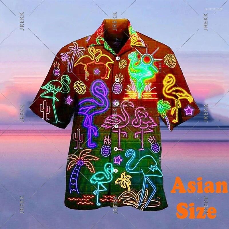 Men's Casual Shirts Neon Print Hawaii Shirt For Clothing Summer Camp Vacation Fashion Button Flamingo Coconut Blouse Top