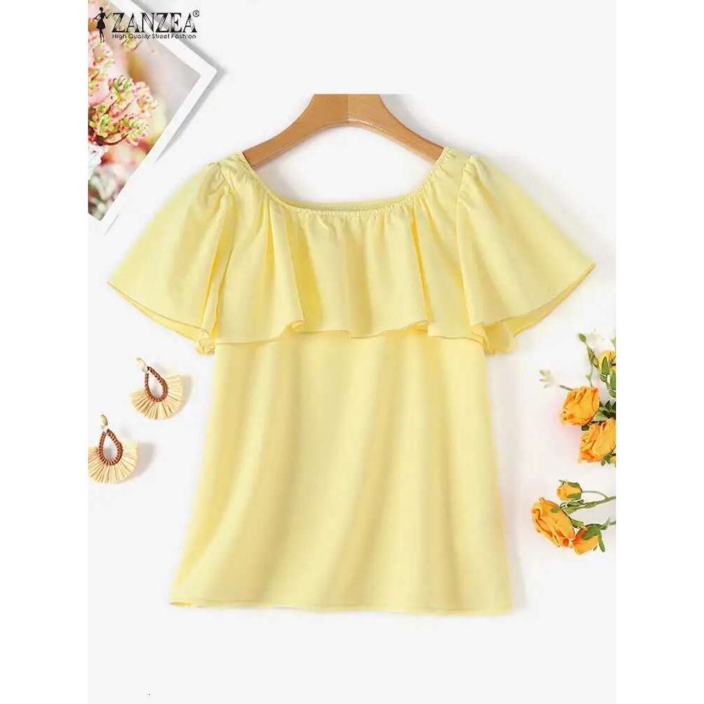 ZANZEA Women Ruffled Ing Blouse 2024 Summer Short Sleeve Shirts Fashion Holiday O-Neck Casual Loose Solid Color Tops