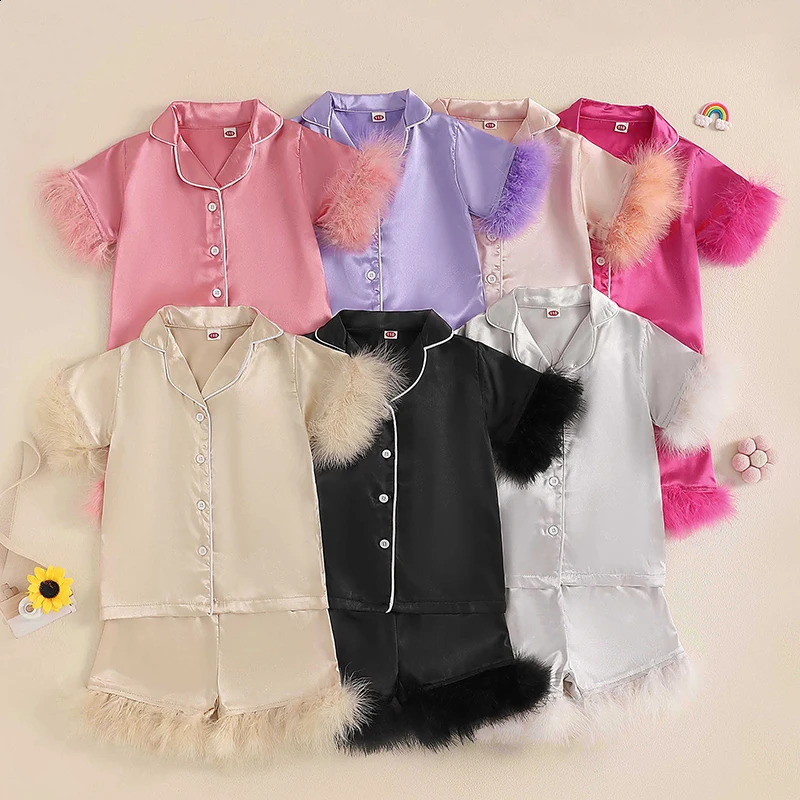 Summer Children Kids Baby Girls Pajamas Sets Satin Feather Patchwork Button Short Sleeves Shirt with Elastic Shorts Loungewear 250218