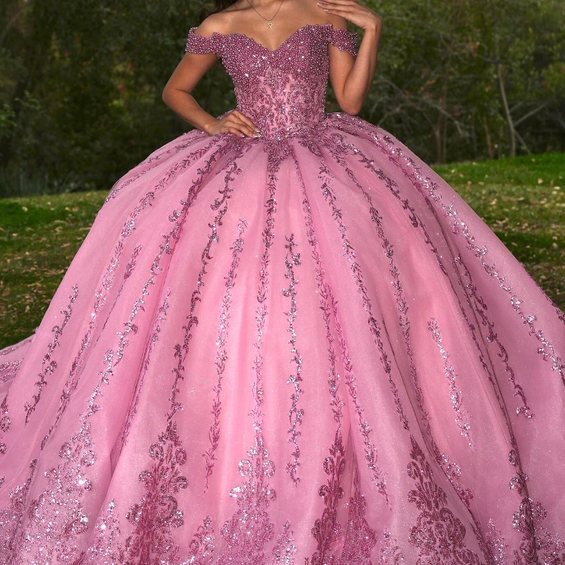 Pink Shiny Quinceanera Dresses Ball Gown Off The Shoulder Sequin Appliques Lace Beading Crystal Tull Sweet 16 Dress Vestidos 15 De Anos