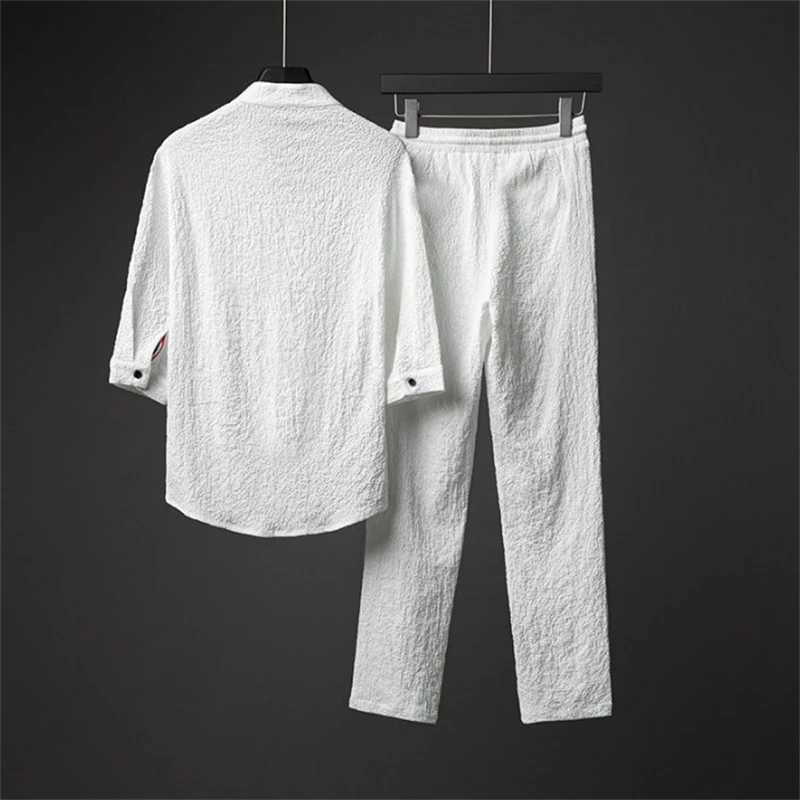 Ice Silk Linen Mens Set Spring Summer 2023 Loose Pullover Tops and Elastic Waist Trousers Sport Suits Men Two Piece SetsXJ250218